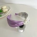 Purple satin headband with floral embroidered sheer mesh mesh detail on a perfume bottle - Mesh Crossed Headband / Purple