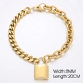 Golden punk style curb chain bracelet with polished lock pendant, width 8mm and length 20cm - Gold Color Lock Bracelet (KB180599-Z)