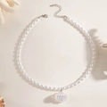 Elegant white pearl necklace featuring a colorful shell pendant with an adjustable silver chain - Shell Shaped Pendant Pearl Necklace