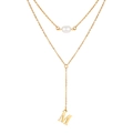 Double-layered golden necklace with white pearl and capital letter M pendant charm - Letter M Style (NC-1930G-M)