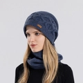Blue cable knit winter beanie hat and matching neck warmer set with soft fleece lining - Navy Blue
