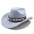 Light blue faux suede cowboy hat with turquoise and leather woven band in a front view - M (56-59cm) / Light Blue Suede