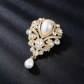 Vintage gold brooch with sparkling crystals and elegant white water-drop pearl pendant - XD825112-1-Gold Pearl Full Drill