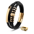 Close-up of men's leather bracelet with golden magnetic clasp and metal beads - Three-layer Curved Tube Ring / Gold