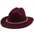 Detail of burgundy fedora hat featuring a chunky gold metal chain on wool felt - M (56-58cm) / Burgundy