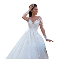 Ball gown wedding dress with white long lace sleeves and sheer v-neck tulle bodice - Pure White Floor-length