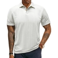 Detail of white men's polo shirt showing textured herringbone knit fabric and wooden buttons - S / Tops / White