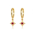 Macro view of gold hoop earrings featuring a star pendant and red zircon stone - Rose Red