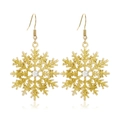 Golden snowflake earrings with clear center rhinestone and glitter finish on white surface - Gold Glitter Snowflake