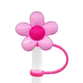 Pink flower shaped silicone straw cover cap with attachment ring for drinking straws - 1750-19 Pink Flower