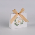 Detail of white wedding favor bag with gold Thank You text and green eucalyptus leaf - Eucalyptus + Gold Ribbon