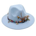Detail of light blue fedora hat with ethnic beads, cord band and seashell charms - Sky Blue