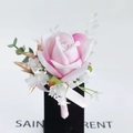 Elegant pink silk rose wedding boutonniere with gold leaves and ribbon for groomsmen - Corsage / Light Pink