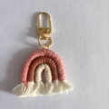 Handmade woven rainbow keychain with pink, brown, and beige cotton threads and gold clasp - Pink and Coffee