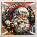 Christmas Santa Claus round acrylic ornament with stained glass style and hanging string - 15x15cm