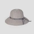 Detailed view of the woven texture and grey ribbon on this wide brim straw sun hat - M (56-58cm) / Gray