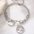 Silberne Lebensbaum Doppelschicht-Armband mit weißer Perle auf Marmorhintergrund - N8840