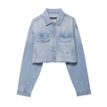 Giacca di jeans corta da donna azzurro chiaro con strass lucidi e dettagli strappati - S / Tops