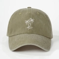 Close-up of white palm tree embroidery on a washed cotton olive green baseball cap - Dark Khaki