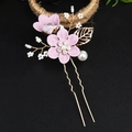 Detail of pink fabric flowers and gold leaf hair pin with pearls and rhinestones - Purple 2-Flower Hair Pin