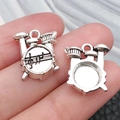 Silver drum set charms for DIY jewelry with musical note and round setting tray - Drum Set (13x16mm-1.7g)