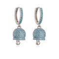 Detail of silver bell earrings with blue crystals and sparkling pavé setting - White Gold Lake Blue Zircon