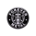 Cartoon tinplate badge with round black and white Forever Metal skull mermaid design - FOREVER METAL Parody Logo