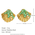 18K gold plated stainless steel fan-shaped earrings with green stone and pearl inlay - Gold-Tone Scallop Shell Stud Earrings with Green Enamel