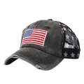 Washed black denim baseball cap with American flag embroidery and star pattern mesh back - Black