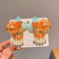 Pair of orange flower hair clips with hanging pearls and tassels for girls - Yushengyan Pair Set