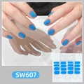 Detail of SW607 blue solid color nail wraps with glossy finish shown on model hands - Blue