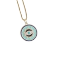 Makroaufnahme der 18K Gold-Halskette mit bösem Auge, Türkis-Emaille und blauen Zirkonen - Zirkon Grün