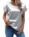 Detail of silver grey satin top showing the round neck and rolled cuff sleeves - S / Light Gray