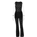 Chic black sleeveless lace two-piece set featuring slim-fit pants with a flared leg design - M / Black