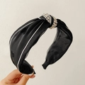Elegant black satin knotted headband with white stripes and sparkling diamond embellishment - Heart Pattern/Knotted Style / Heart Black