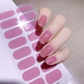 Solid dusty rose semi-cured gel nail sticker strips showing model hand application effect - Bean Paste Pink (CS-058)