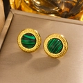 Detail of vintage gold-plated titanium earrings with striped malachite-style stone inlays - Gold Turquoise (E-366)