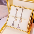 Elegant silver tassel earrings featuring white pearls and clear cubic zirconia stones - E1616-1-Silver Zirconia Long Tassel Pearl