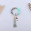 Mint green and marble silicone bead wristlet keychain with wood bead and tassel - Green