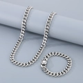 Conjunto de collar y pulsera de cadena cubana de acero inoxidable plateado para hombre - Pulsera 21cm / Color Acero