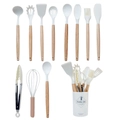 Juego de 12 utensilios de cocina de silicona blanco crema con mangos de madera y cubo - Blanco Leche Juego de 12 Piezas Con Cubo Pequeño (Ultraligero)