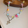 Colorful candy-style acrylic heart necklace with beads and a silver bow pendant - 16# Candy Heart Star Pearl Necklace