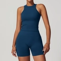 Ensemble de yoga sans couture bleu prussien avec débardeur dos nageur et short taille haute - S / Haut Et Bas / Ensemble 2 pièces (Gilet + Short) / Bleu