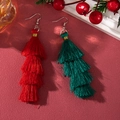 Christmas colorful tassel drop earrings with red and green layered fringe design - D1294 (Red Green Tassels)