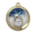 Blue ocean series alloy pendant with starfish and shell details in golden frame - Blue Beach Starfish-22062