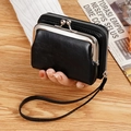 Classic black double-layer coin purse with vintage metal clasp and zipper closure - Black