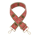 Close-up of ethnic floral embroidery on strap with golden metal lobster clasps - Red Green Flower