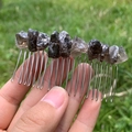 Handmade hair comb with raw black and gray natural crystal stones on a silver metal base - Smoky Quartz Silver Comb Silver Wire