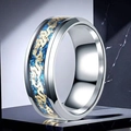 Titanium steel ring with golden dragon relief and blue stardust inlay in silver finish - US 7 / Steel Color Blue Base Golden Dragon