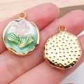 French vintage enamel flower pendant with white rose and green leaf in gold finish - Green Two-Tone Flower Pendant-21170